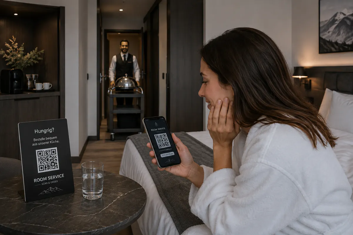 Hotel guest orders room service by QR code directly from their hotel room