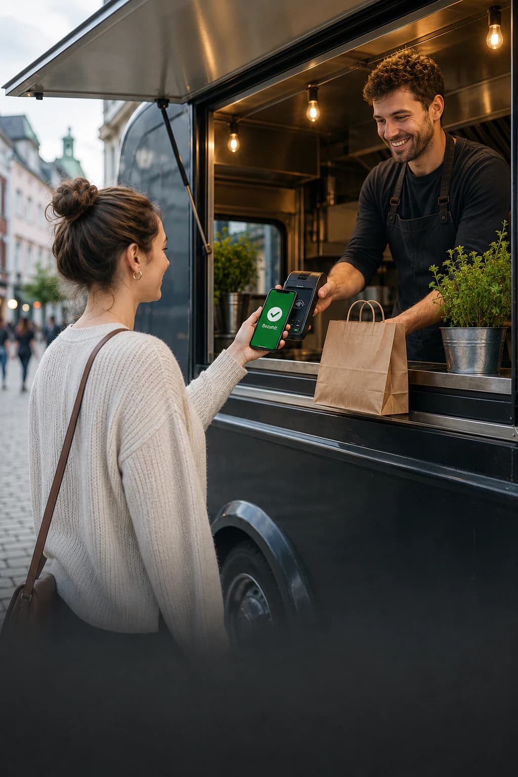 A customer makes a contactless payment at a food truck with Bringmal Pay
