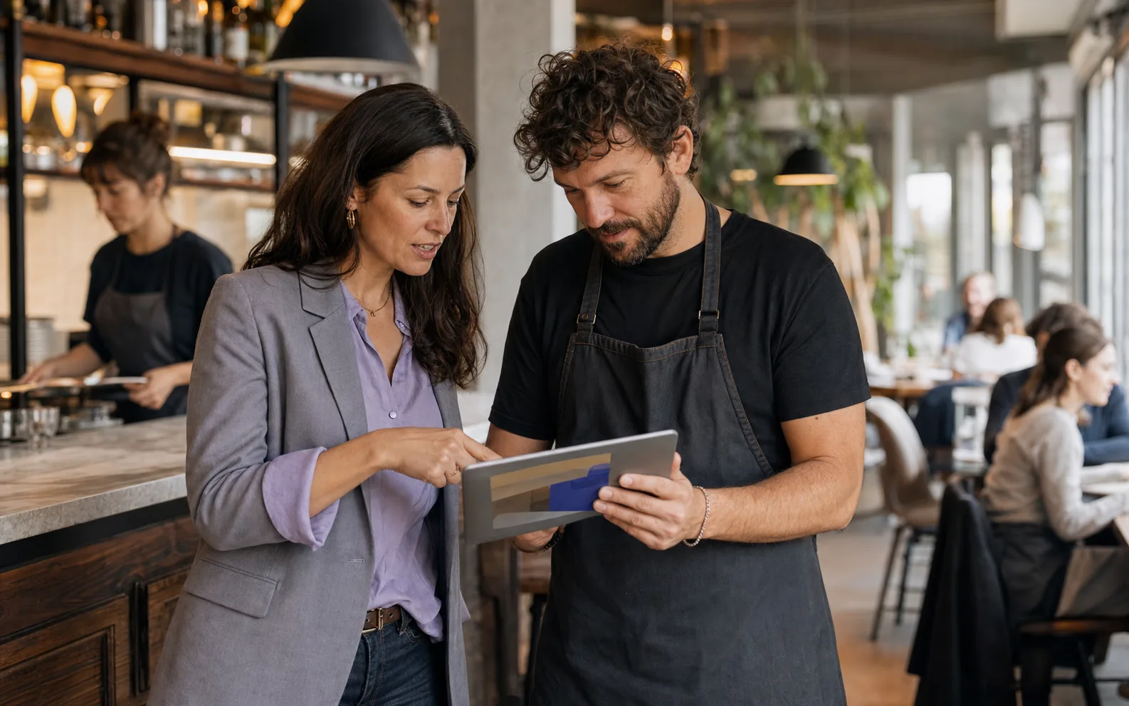 A restaurant technology adviser and restaurant owner work together on a digital solution