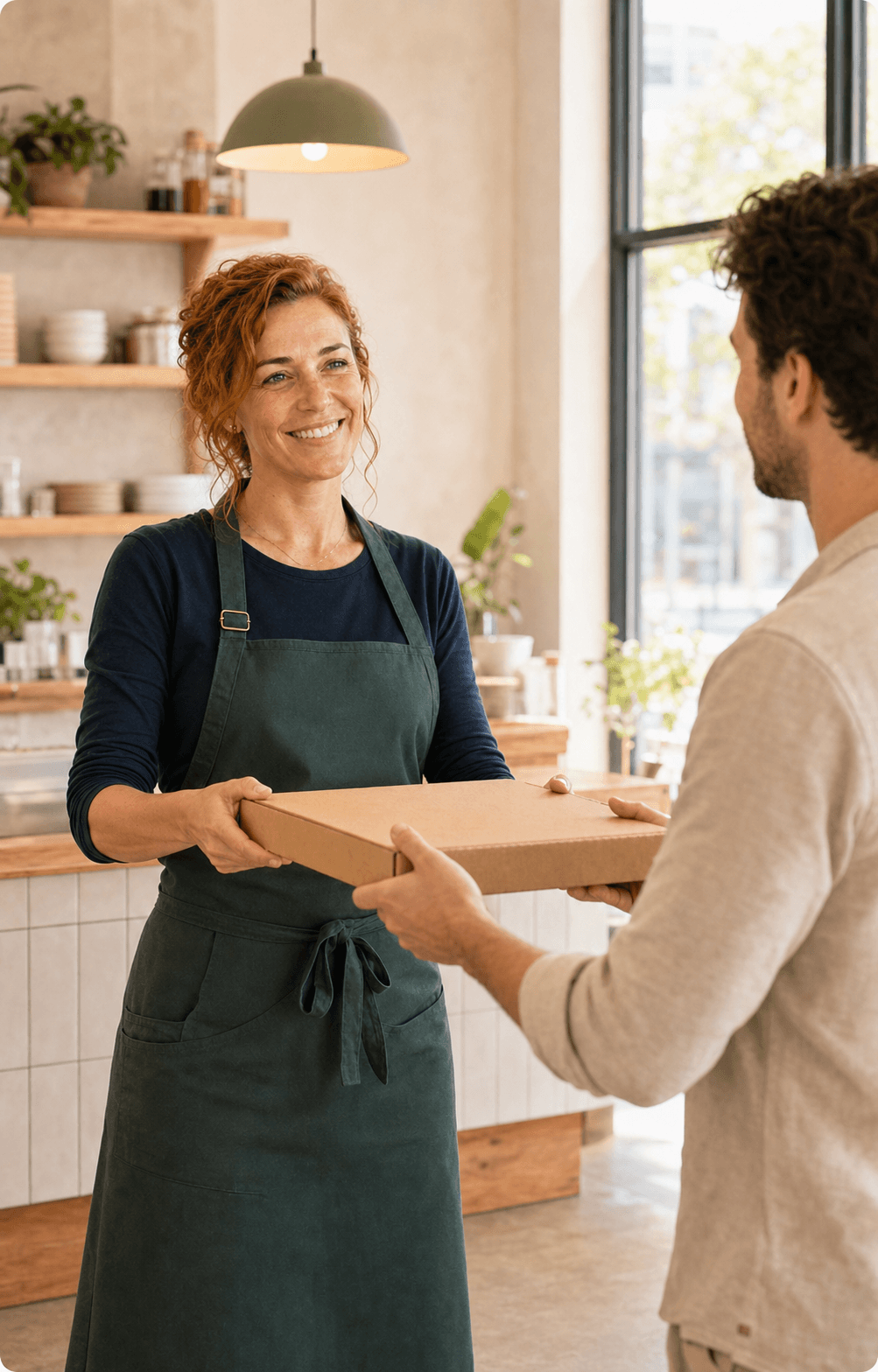 Gastronomin übergibt einem Gast freundlich einen Pizzakarton