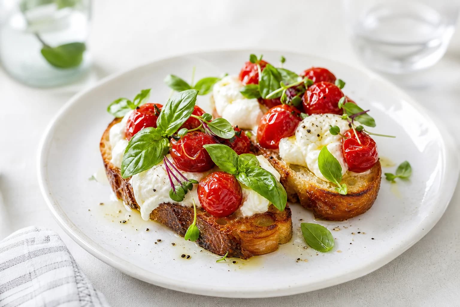 Frische Burrata-Crostini mit Tomaten und Basilikum