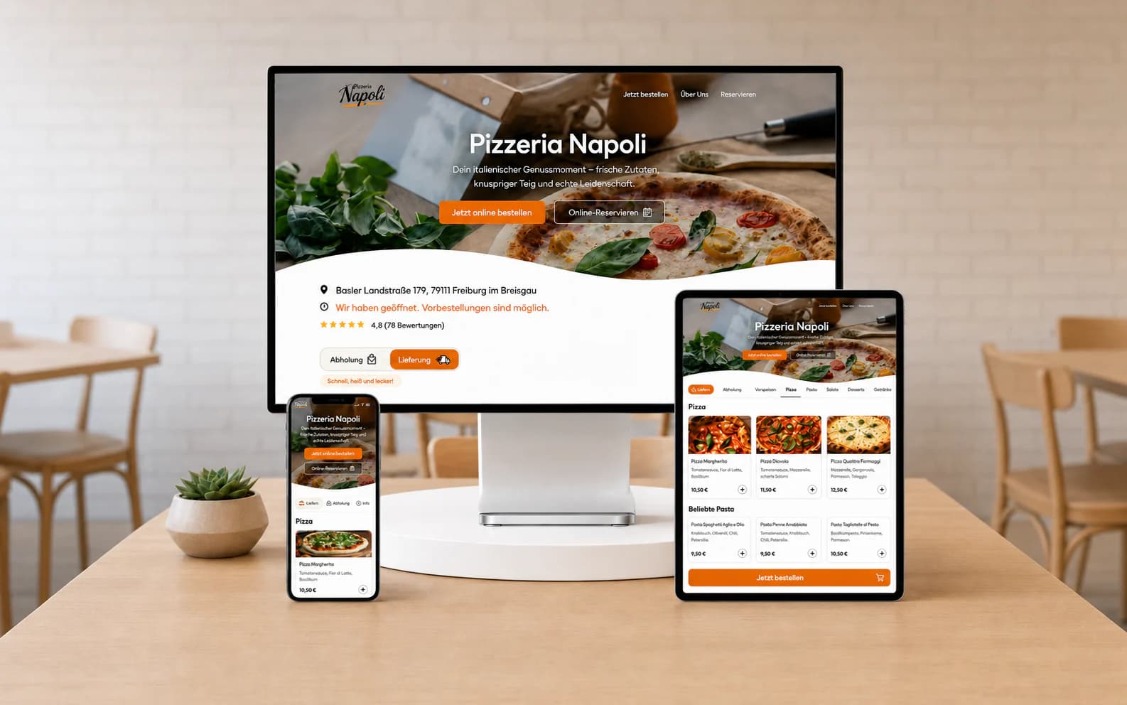 Online Shop der Pizzeria Napoli mit Bestellansicht auf mehreren Geräten