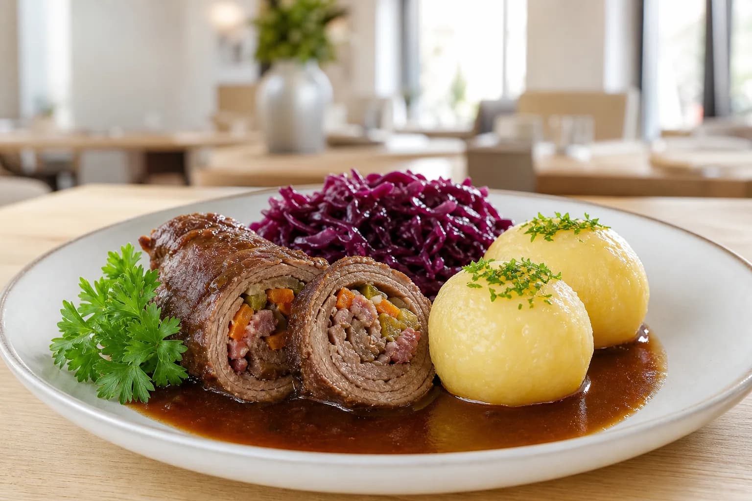 Sauber angerichtete Rinderroulade mit Kartoffelklößen und Rotkohl