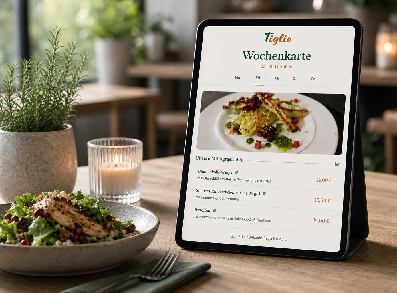 Tablet auf einem Restauranttisch zeigt eine übersichtliche digitale Wochenkarte mit drei Gerichten und Preisen